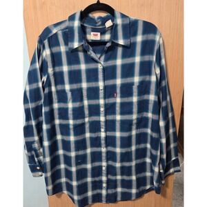 Levi's Size‎ L Mens Teal Blue Plaid Long Sleeve Button Down Shirt